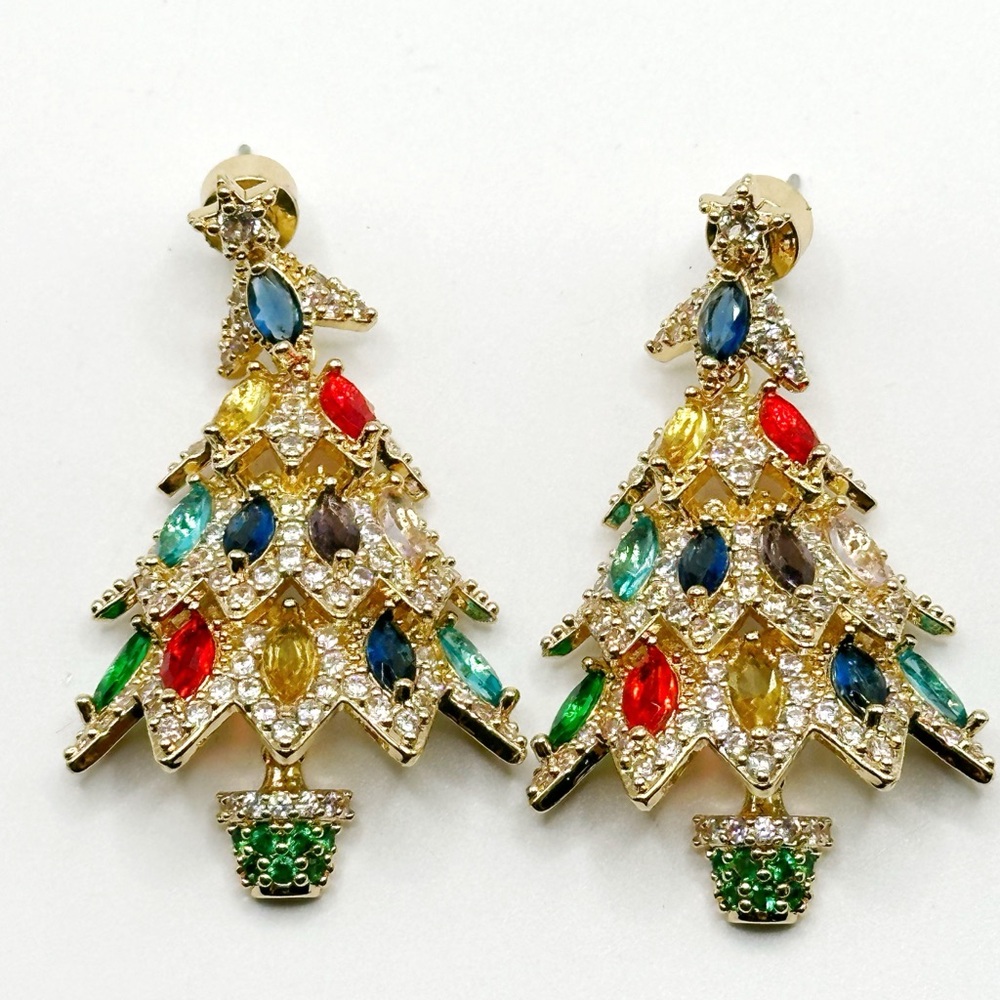 Unmarked Piper K Christmas Tree Dangle Cubic Zirconia/Glass Stone Earrings